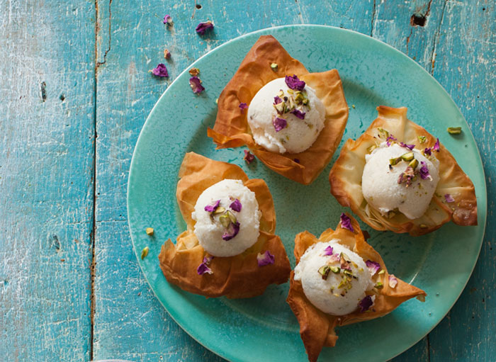 phyllo baskets filled with orchid ice cream