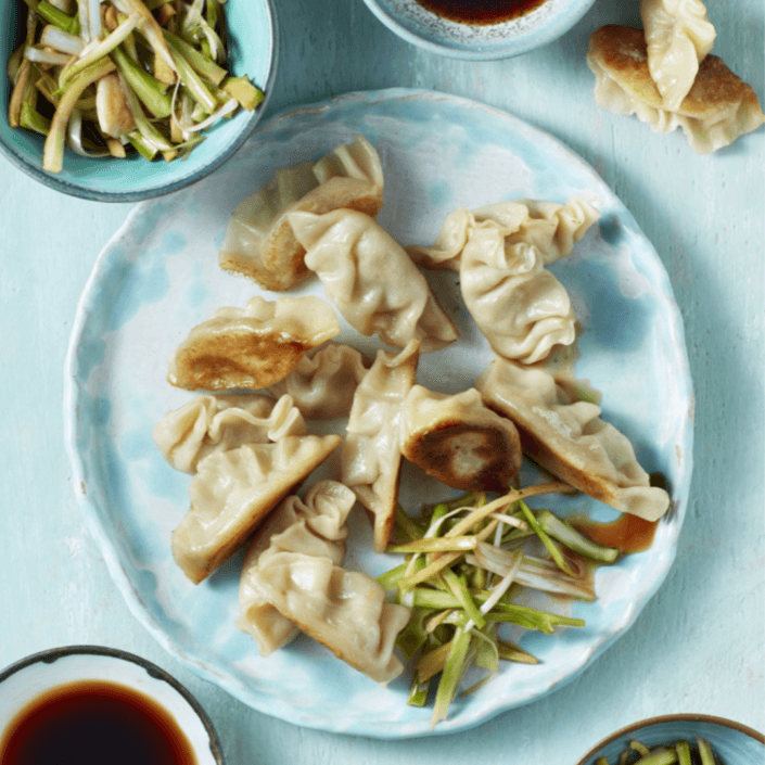 SCALLOP & SPRING ONION GYOZA WITH PICKLED BRASSICAS